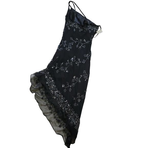 Vintage 90s Scala Sz L Black Silk OneShoulder Asymmetrical Beaded Y2K Midi Dress - Picture 5 of 10